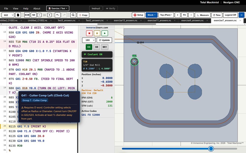 A student has hovered G41 in the code panel of the NextGen simulator.
                      A panel explains it as Cutter Comp Left, climb cut, modal group 7,
                      and warns that it requires a D word, that the controller setting
                      decides whether the offset is a radius or a diameter, that it cannot
                      be switched on or off during an arc, and that it must be activated at
                      least half a diameter away from the part.