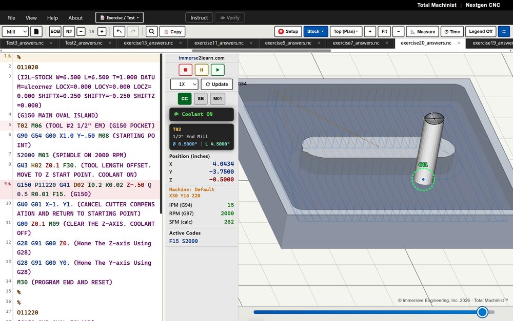 The NextGen simulator running a mill pocketing exercise. G-code with
                      inline comments fills the left panel, the centre shows live tool
                      position, coolant on and a half-inch end mill loaded, and the right
                      shows the part in three dimensions with the oval island pocket cut
                      into it and the tool part way through the cycle.