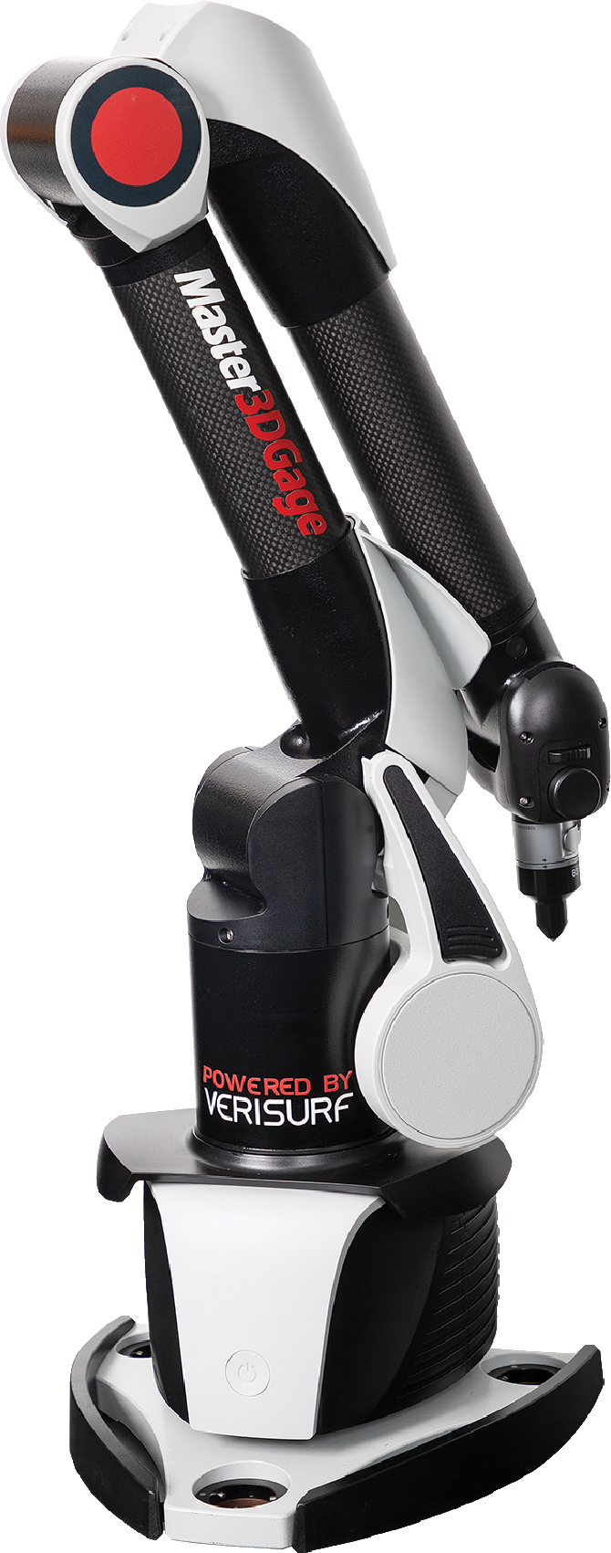The Master3DGage: a multi-axis portable measuring arm in carbon
                        fibre and white composite, standing on its own three-point base
                        with a touch probe at the end of the arm.